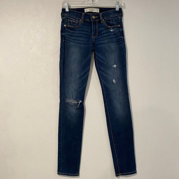 Abercrombie & Fitch Distressed Skinny Jeans Women’s W25 L29 Dark Wash Ripped Kne - Picture 1 of 9
